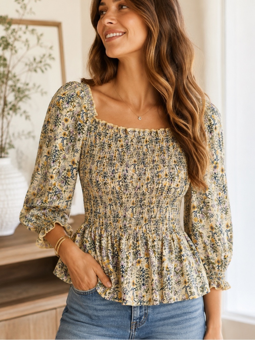 NWT Max Studio Smocked Floral Peplum Blouse Size L Cottagecore Puff Sleeve Boho